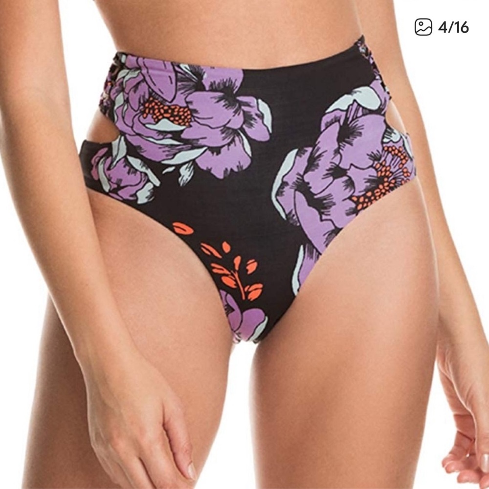 Maaji Floral High-Cut Bikini Bottom in Mauve, Black & Orange